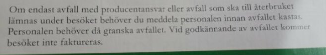 Utdrag av text om regler för avfallshantering där besökare inte faktureras vid godkänt avfall.