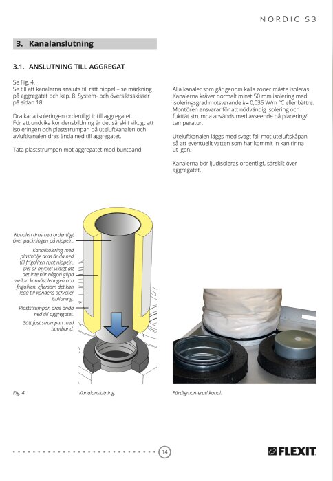 Illustration och foto av kanalanslutning för ventilationsaggregat med textinstruktioner från Flexits manual.