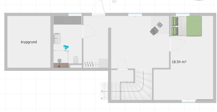 Planritning av källardel med markerade rum för VVS-planering inklusive krypgrund och blivande badrum.