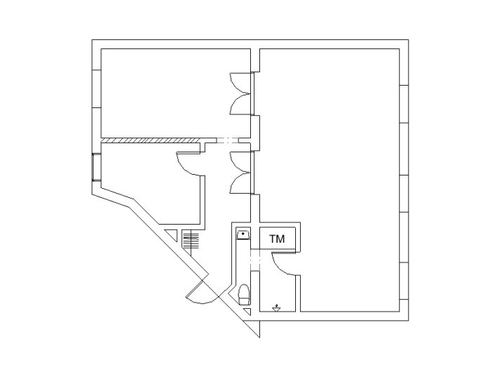 Ritning av en våningsplanslayout med markerat utrymme för bad, dusch, tvätt och potentiell sovrumsindelning.