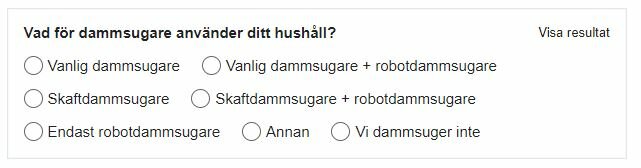 Enkät med alternativ för dammsugartyper i hushållet, inklusive robotdammsugare och skaffdammsugare.