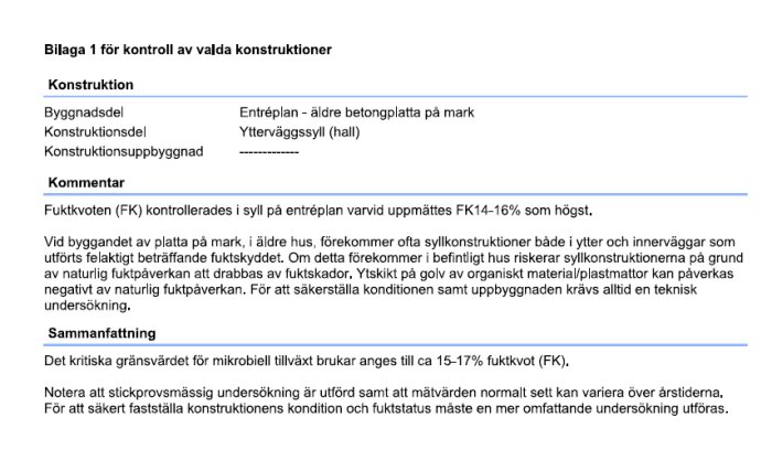 Besiktningsprotokoll med fokus på kontroll av konstruktioner, nämner fuktkvot och risk för mikrobiell tillväxt.