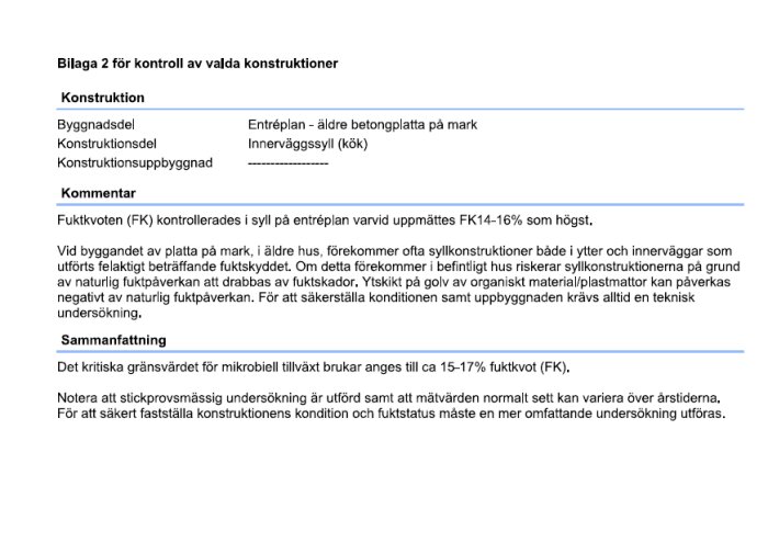 Besiktningsprotokoll med fokus på kontroll av konstruktioner, visar fuktkvot och kommentarer om fuktskador i hus.