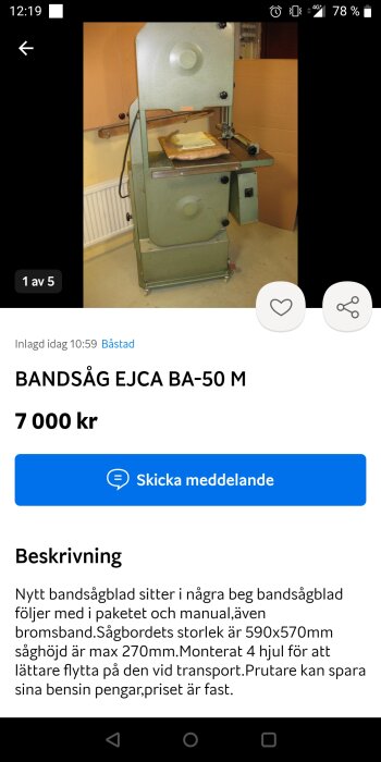 Begagnad bandsåg Ejca BA-50 M i verkstadsmiljö med tillbehör och manual på sågbordet.