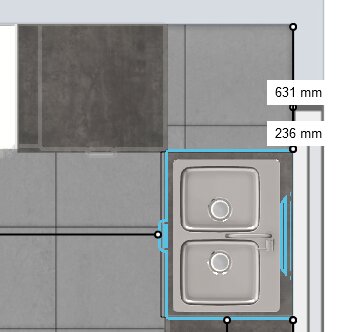 3D-design av kök med skåp och utdragbara lådor märkta med måtten 631 mm och 236 mm i designverktyg.