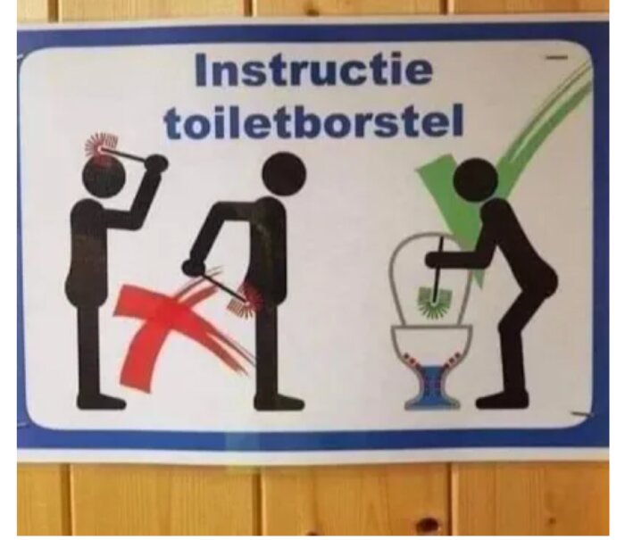 Instruktionsbild för användning av toalettborste med en korrekt och en felaktig metod.