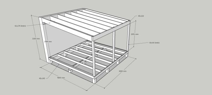 Illustrativ ritning av en träkonstruktion med måttangivelser, möjlig tillbyggnad eller renoveringsprojekt.