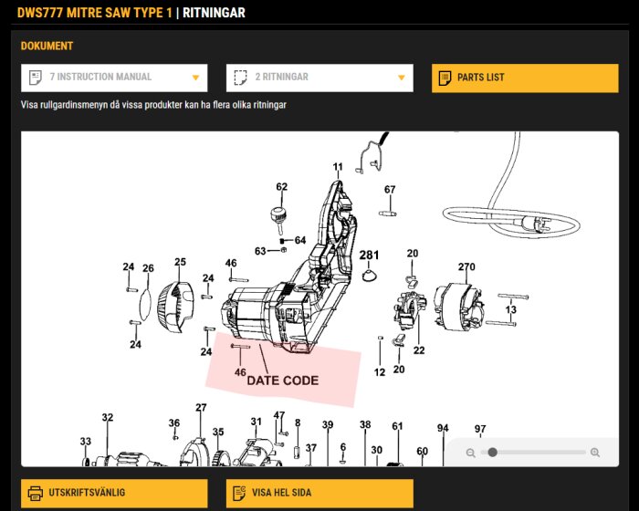 Sprängskiss av DWS777 gersåg med tydligt markerade delar och datumkod.
