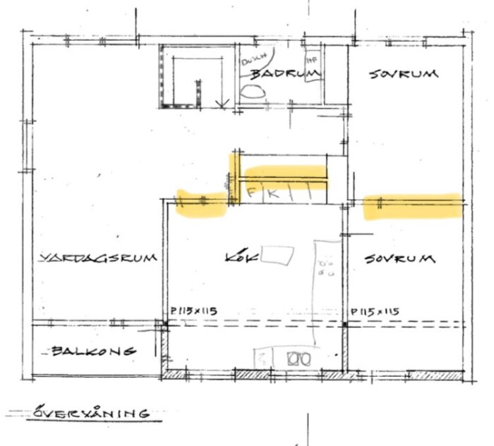 Arkitektonisk ritning av husplan med gulmarkerade väggar som indikerar potentiella bärverk.
