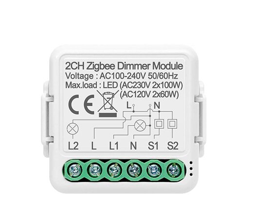 Zigbee-dimmermodul med anslutningsschemat och terminaler för ledningsinstallation.