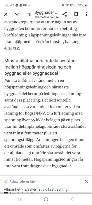 Skärmdump av webbsida med text om avståndsregler för högspänningsledningar nära byggnader.