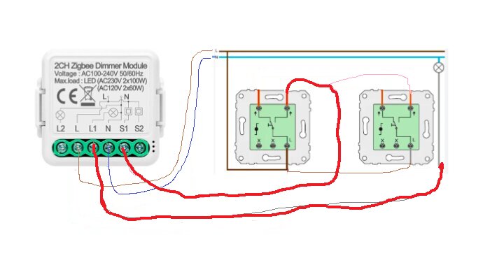 Elektriskt schema som visar anslutningen av två trådar, markerade med rött, mellan Zigbee dimmermodul och två trappbrytare.