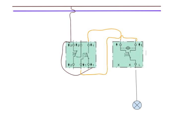 Elektrisk kopplingsschema som visar befintliga ledningar och strömbrytare utan smart dimmer.