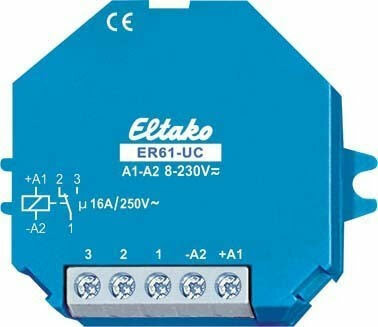 Eltako-tidrelä ER61-UC i blått för specialanpassning av timerns utgång, med elektriska anslutningar och specifikationer.