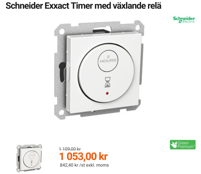 Schneider Exxact timer med vridknapp och tidsangivelse för 2 timmar, visar även prisinformation.