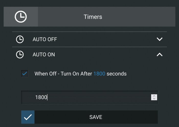 Inställningsskärm för timerfunktion med alternativ för AUTO OFF, AUTO ON och tidsinställning på 1800 sekunder.