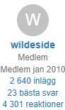 En användarprofil med avatar, användarnamn "wildeside", medlemsstatus, antal inlägg, bästa svar och reaktioner.
