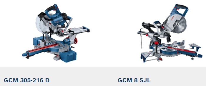 Två geringssågar modeller GCM 305-216 D och GCM 8 SJL, båda i blått och silver.