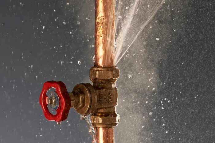 Vattenläcka från en kopparrörskoppling med en halvöppen röd ventil.