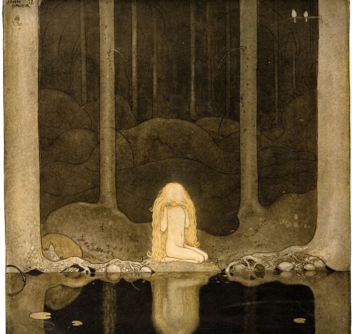 Illustration av en mystisk skogskälla med någon sittande vid vattenkanten, omgiven av mörka träd och reflektioner.
