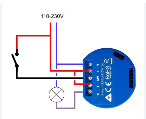 Schematisk bild av en Shelly 1 kopplingsanordning för belysningsstyrning, med markerade kablar och spänningsangivelse.
