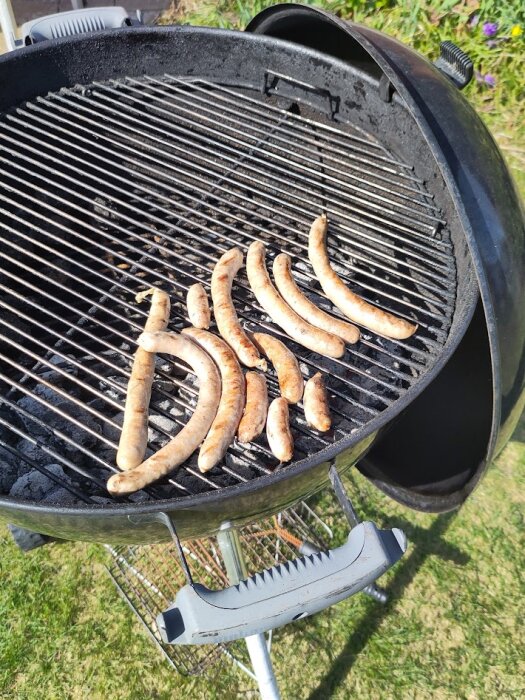 Hemmagjorda bratwurst på grillens gallret i trädgården.