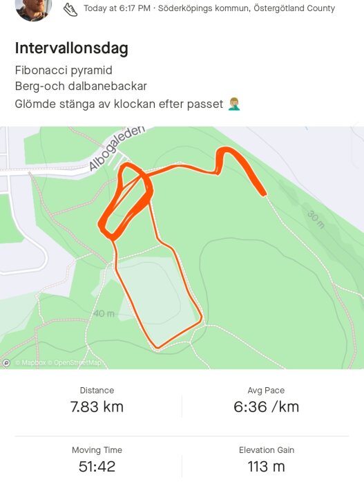 Skärmbild av träningsapp med karta som visar en löprunda på 7,83 km med kommentarer och statistik.