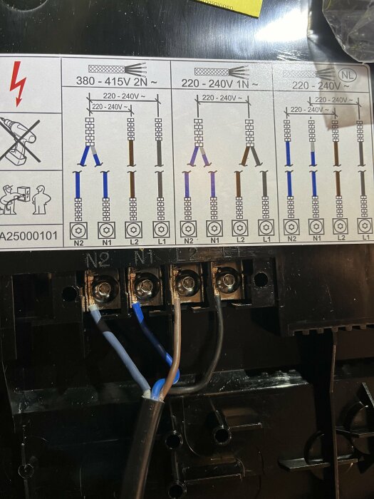 Elanslutning med tre kablar kopplade i ett diagram för olika elektriska konfigurationer av 220-240V och 380-415V.