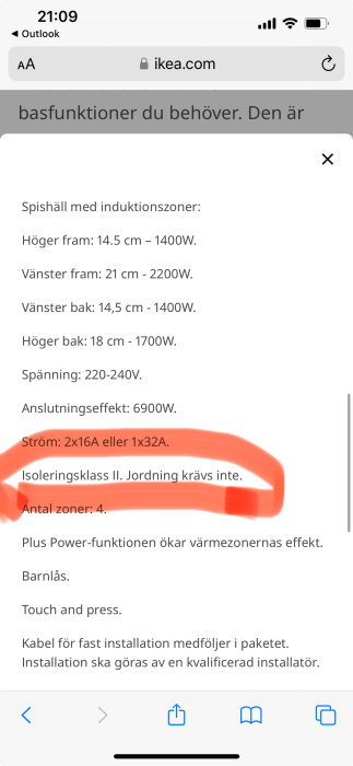 Skärmavbild av en produktspecifikation för en spishäll med markering kring elanslutningen.