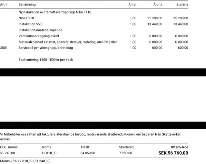 Offert för installation av värmepumpsberedare och VVS-arbete med specifikation av kostnader.