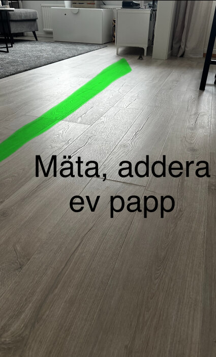 Vardagsrumsbild med trägolv, grönt streck och text "Mäta, addera ev papp".