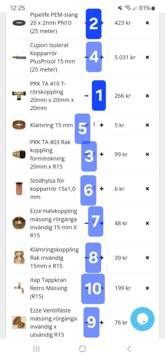 Skärmbild av en online kundvagn med olika VVS-detaljer inklusive PEM-slang, kopplingar och en tappkran.