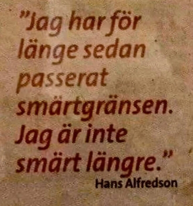 Text på en grovtexturerad yta med citatet "jag har för länge sedan passerat smärtgränsen. Jag är inte smärt längre" av Hans Alfredson.