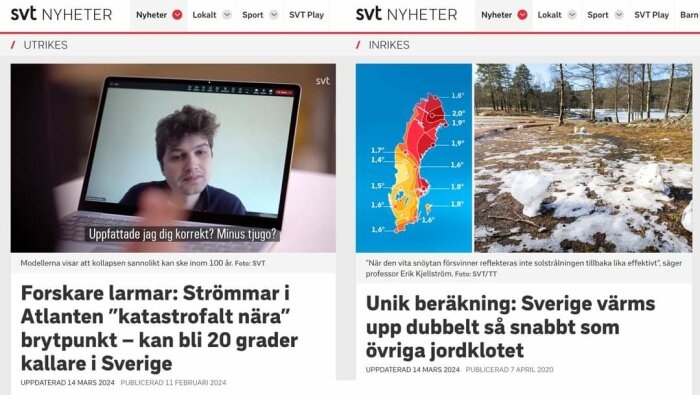 Skärmdump från SVT Nyheter med man på videokonferens, klimatgraf över Sverige och smältande snö i skog.