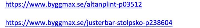 Skärmbild av två URL-länkar till Byggmax produkter, en för altanplint och en för justerbar stolpsko.