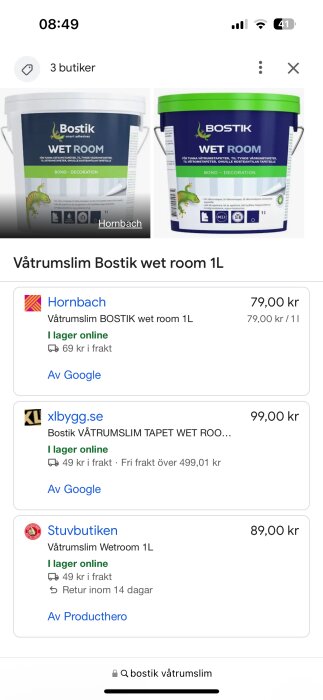 Skärmbild som visar Bostik Wet Room 1L vät rumslim i flera onlinebutiker med priser och leveransinformation.