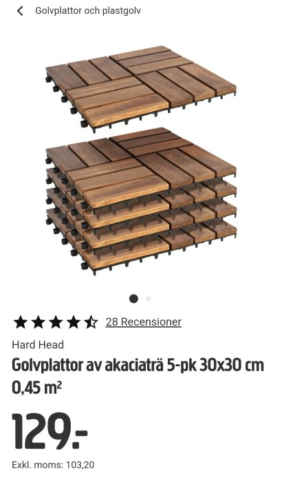 Trägolvplattor av akaciaträ staplade i 5-pack för altanbeläggning, 30x30 cm.