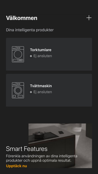 Skärmbild av en hushållsapparats applikation som visar att torktumlare och tvättmaskin inte är anslutna.