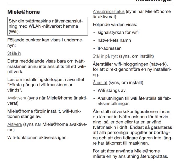 Instruktionsmanual för Miele@home-funktionen på en tvättmaskin.