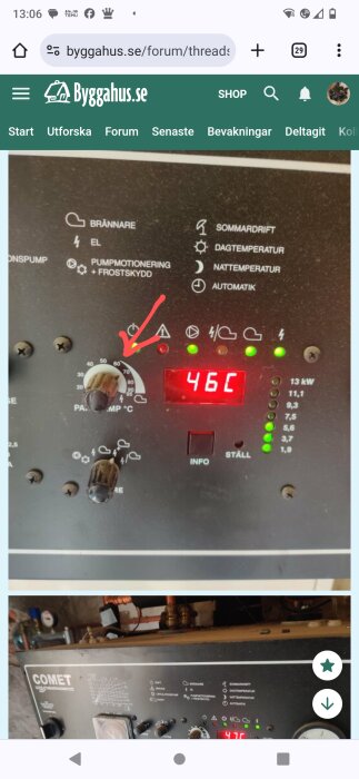 Värmepannans kontrollpanel med inställningar och temperaturvisning, röd pil pekar på början av en skala vid 60°.