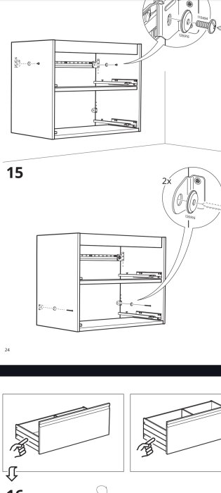 Monteringsanvisning för en kommod med bild på hur skenan och kommoden fästs på vägg samt montering av lådor.