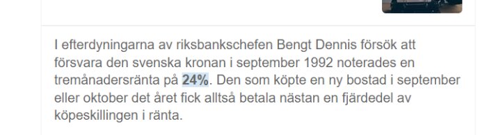 Skärmdump av en textdiskussion om höga räntor i Sverige 1992, relaterad till försvar av den svenska kronan.