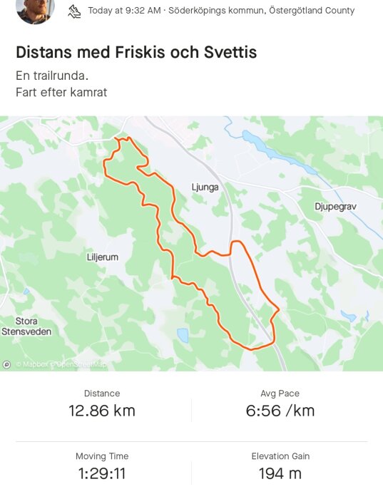 Karta med markerad trailrunda på 12.86 km, rörelsetid 1:29:11 och höjdvinst på 194 meter.