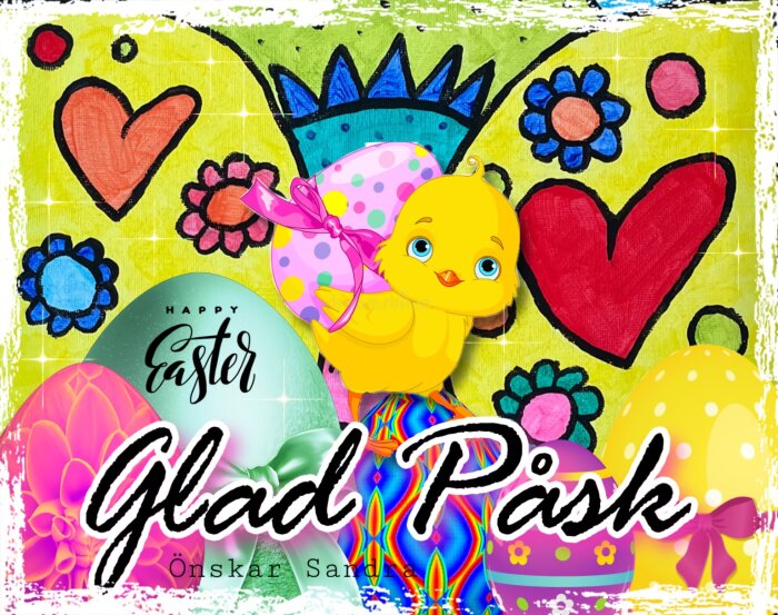 Färgglad påskbild med kyckling, ägg och texten "Happy Easter, Glad Påsk".