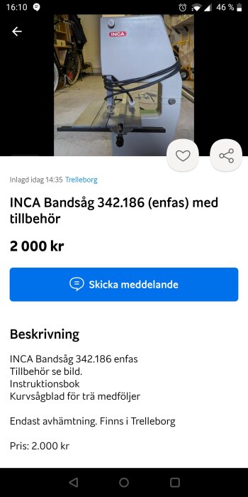 INCA bandsåg modell 342.186 med tillbehör, placerad i ett garage.