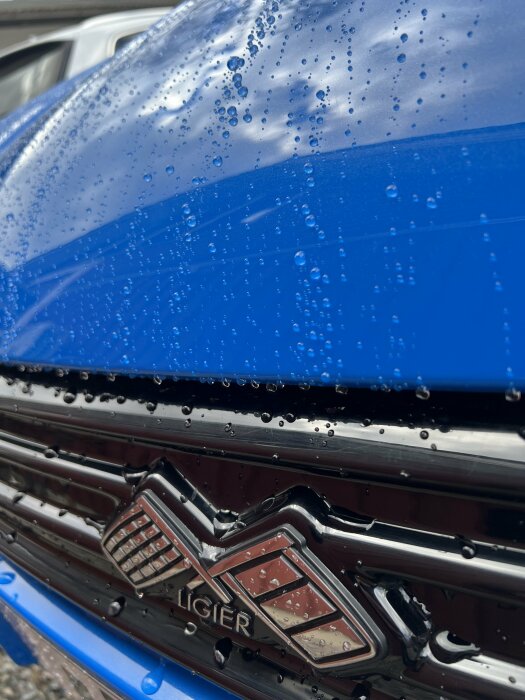 Närbild på blått fordon med vattendroppar och märkesemblemet 'LIGIER'.