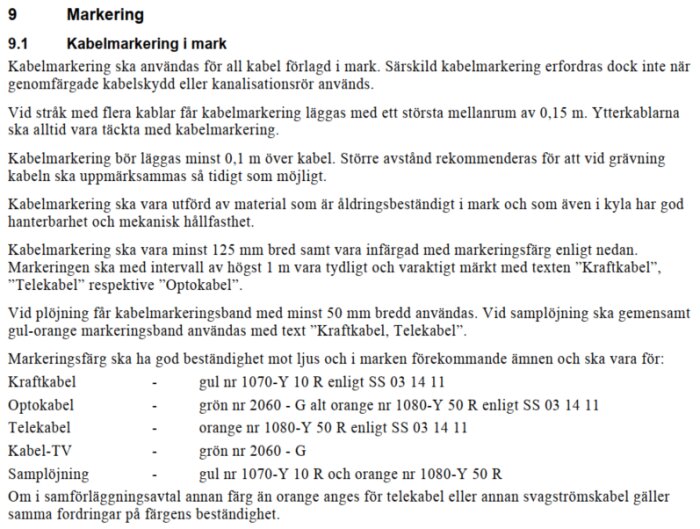 Utdrag ur en handbok om markering av kablar i marken med färgkoder och instruktioner för säker identifiering.