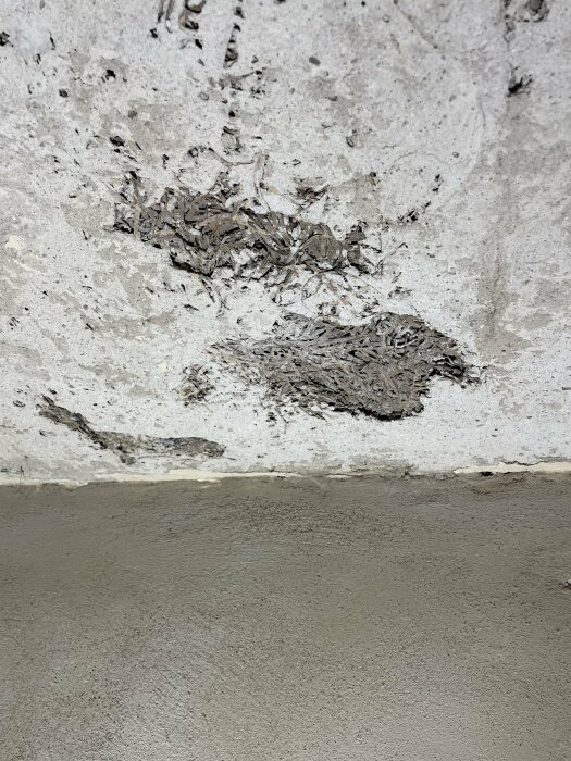 Skadat källartak med lossnande småsten och ojämn yta nära ett nymålat grått väggparti.