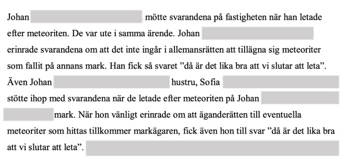 Textutdrag där Johan och Sofia diskuterar äganderätten till en meteorit med andra svarande.