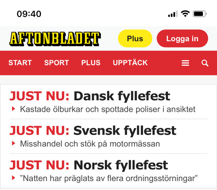 Skärmbild av Aftonbladets hemsida med rubriker om festrelaterade störningar i Danmark, Sverige och Norge.